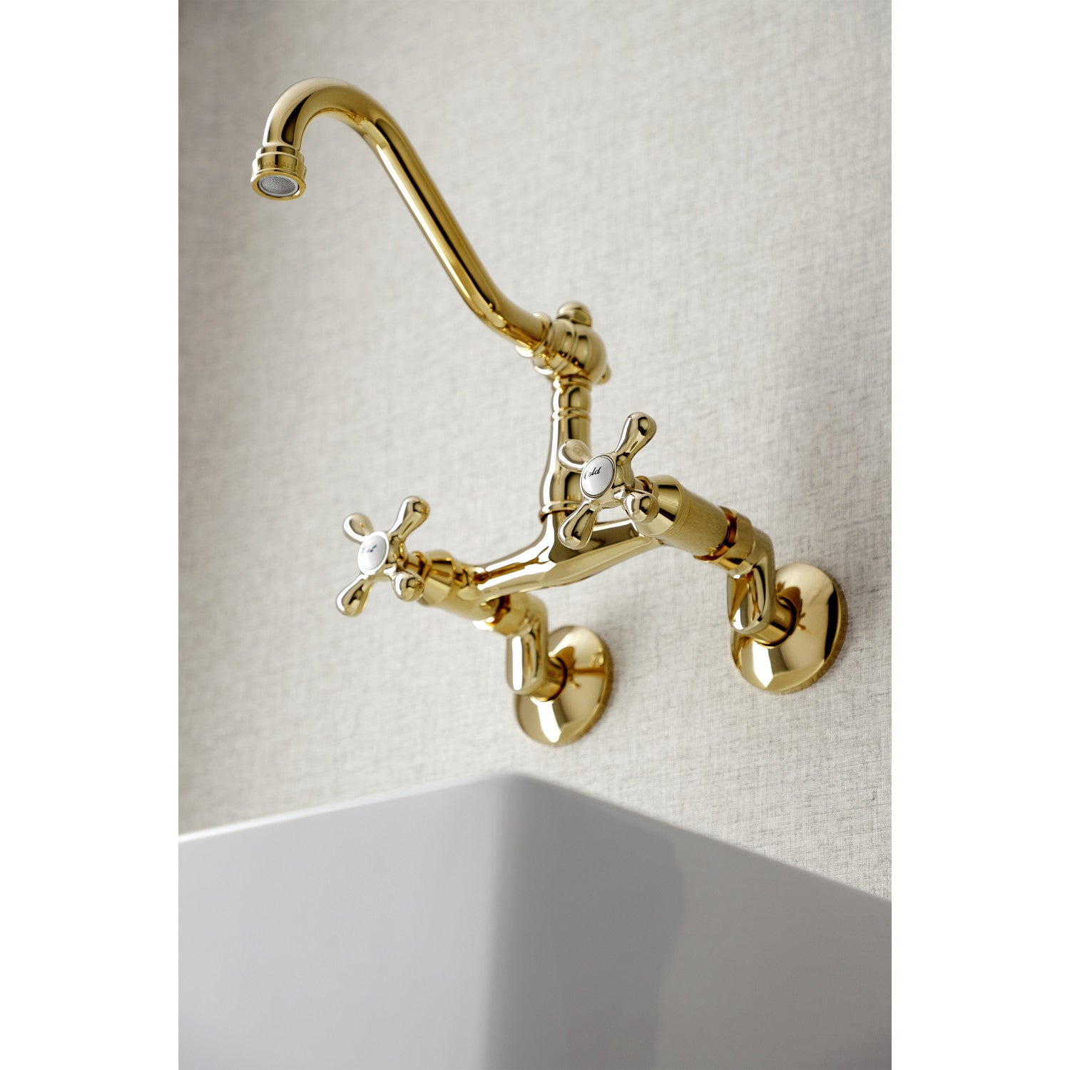 Kingston Heirloom KS3222AX - Vintage Two-Handle 2-Hole Wall Mount Bridge Kitchen Faucet, Polished Brass — thumbnail 3